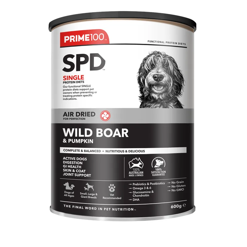 Prime100 SPD single protein diet can for dogs with wild boar and pumpkin on a white background