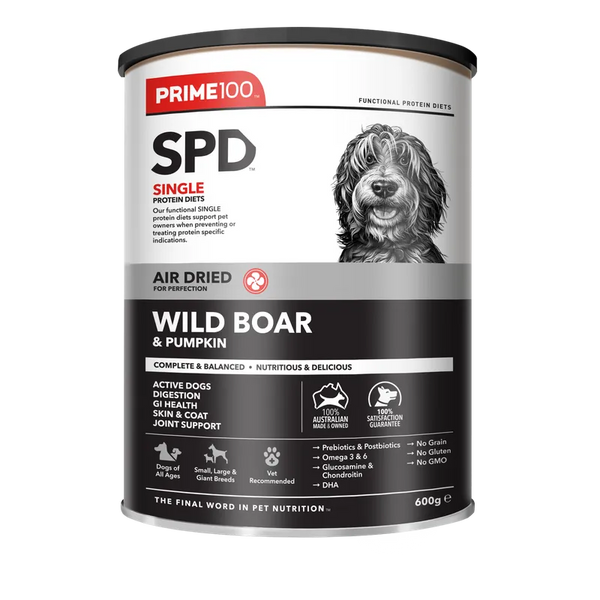 Prime100 SPD single protein diet can for dogs with wild boar and pumpkin on a white background