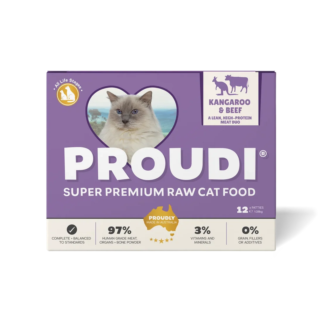 Proudi Kangaroo & Beef raw cat food 1.08kg patties