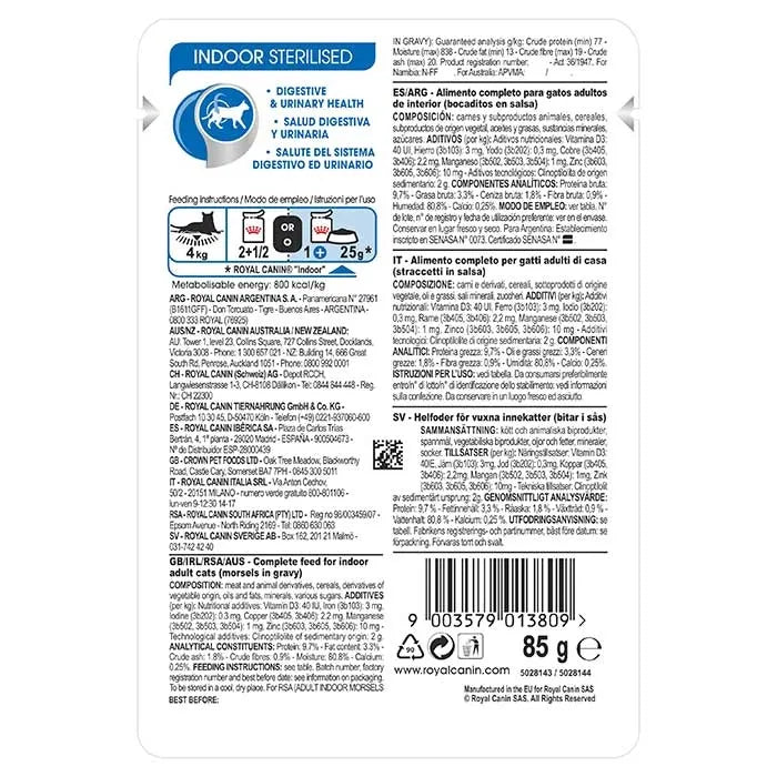 ROYAL CANIN Indoor Adult Gravy Wet Cat Food Pouch 85G back of packaging