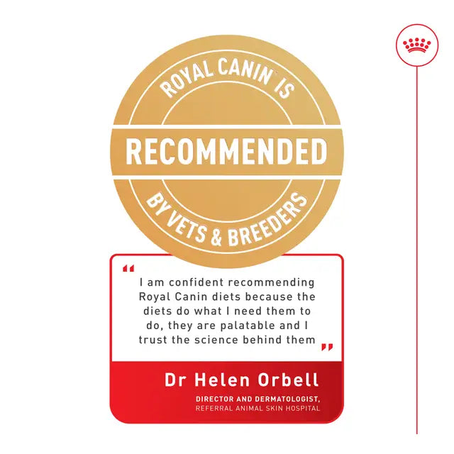 Royal Canin recommended by vets and breeders with a quote from Dr. Helen Orbell on a white background.
