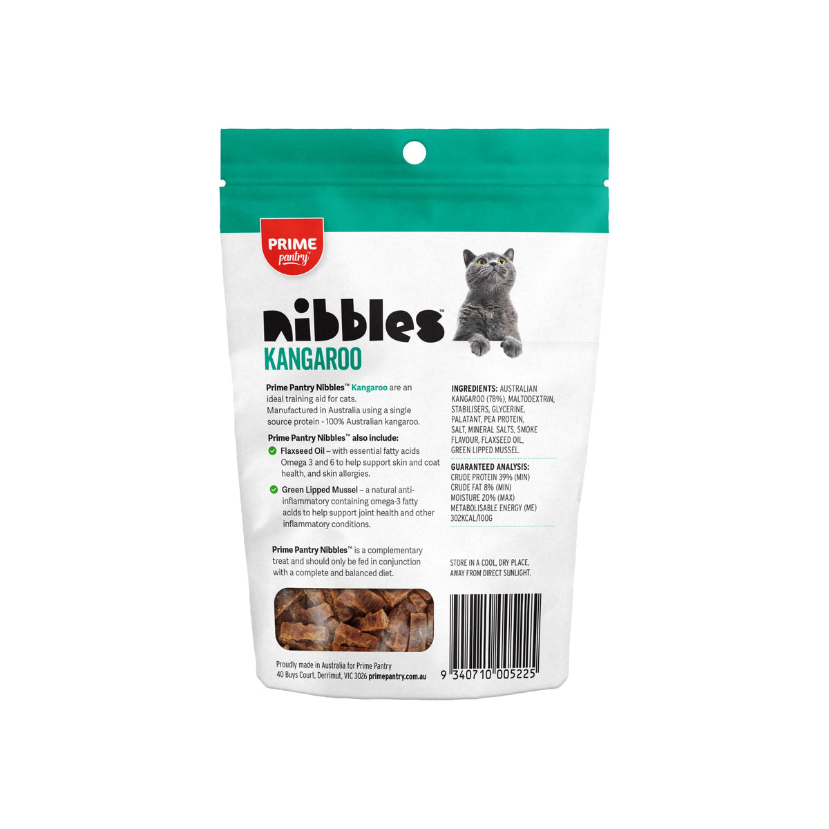 Prime100 Pantry Nibbles Kangaroo cat treats 40 g pouch, back with ingredients and guaranteed analysis