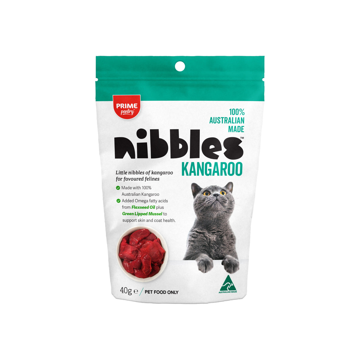 Prime100 Pantry Nibbles Kangaroo cat treats 40 g pouch, front of the current packaging