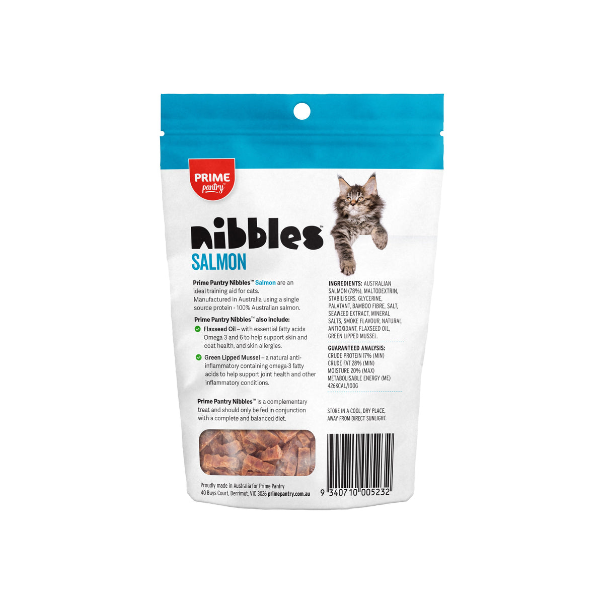 Prime100 Pantry Nibbles Salmon cat treats 40 g pouch, back with ingredients and guaranteed analysis