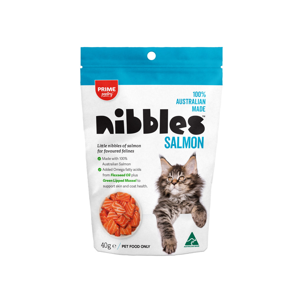 Prime100 Pantry Nibbles Salmon cat treats 40 g pouch, front of the current packaging