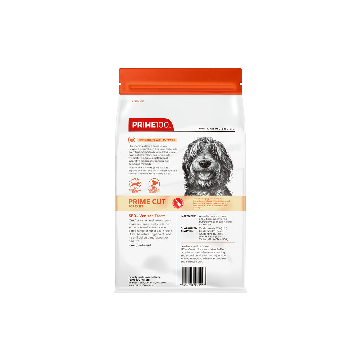 Prime100 SPD Prime Cut Venison dog treats 100 g pouch, back with ingredients and analysis