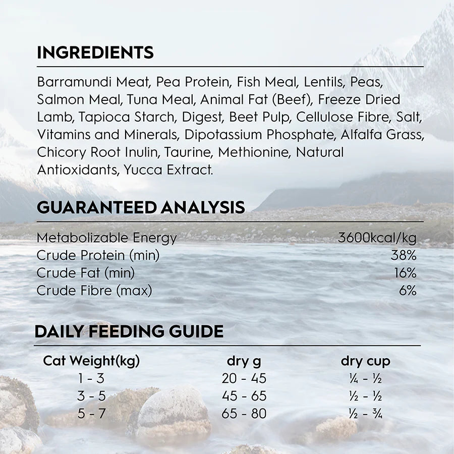 TRILOGY Barramundi Tuna and Freeze Dried Lamb Adult dry Cat Food ingredients, guaranteed analysis and feeding guide