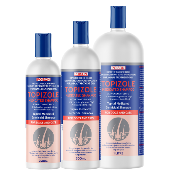 Fido's Topizole Medicated Shampoo range for dogs and cats, shown in 250 mL, 500 mL and 1 litre bottles