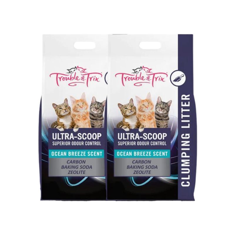 A package of Trouble and Trix Ultra Scoop Superior Odour Control cat litter with a picture of three cats and product details on the front.