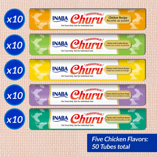 INABA Churu Chicken Varieties tubes: five chicken flavours, 10 tubes each, 50 tubes total