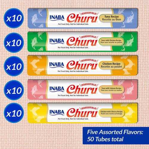 INABA Churu Tuna & Chicken Varieties tubes: five flavours, 10 tubes each, 50 tubes total