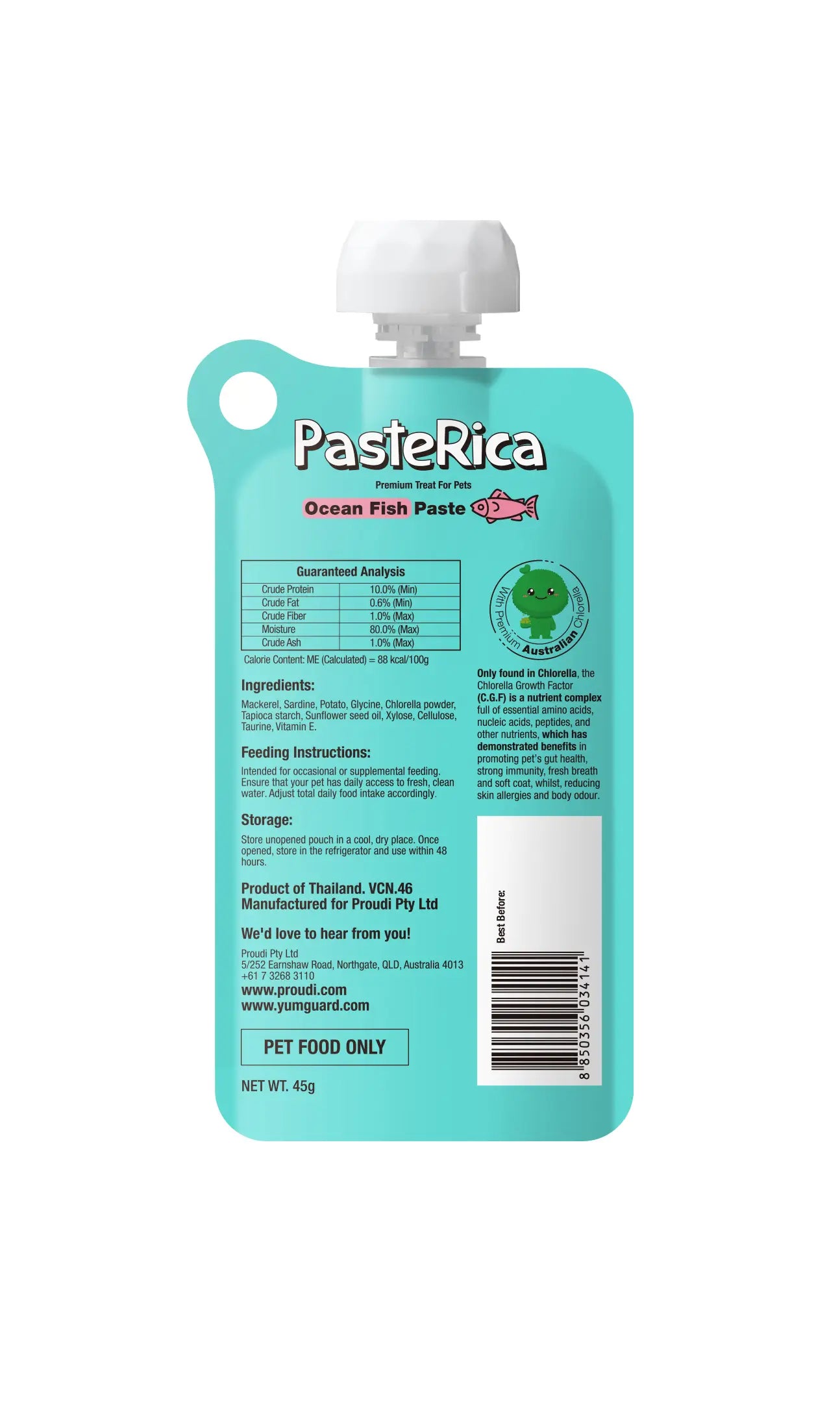 YUMGUARD Paste Rica Ocean Fish Paste Treat for Dogs & Cats 45g back