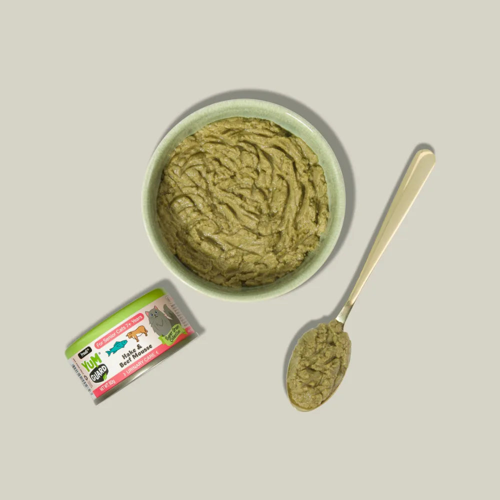 YUMGUARD Urinary Care Hake & Beef Senior 7+ Wet Cat Food display