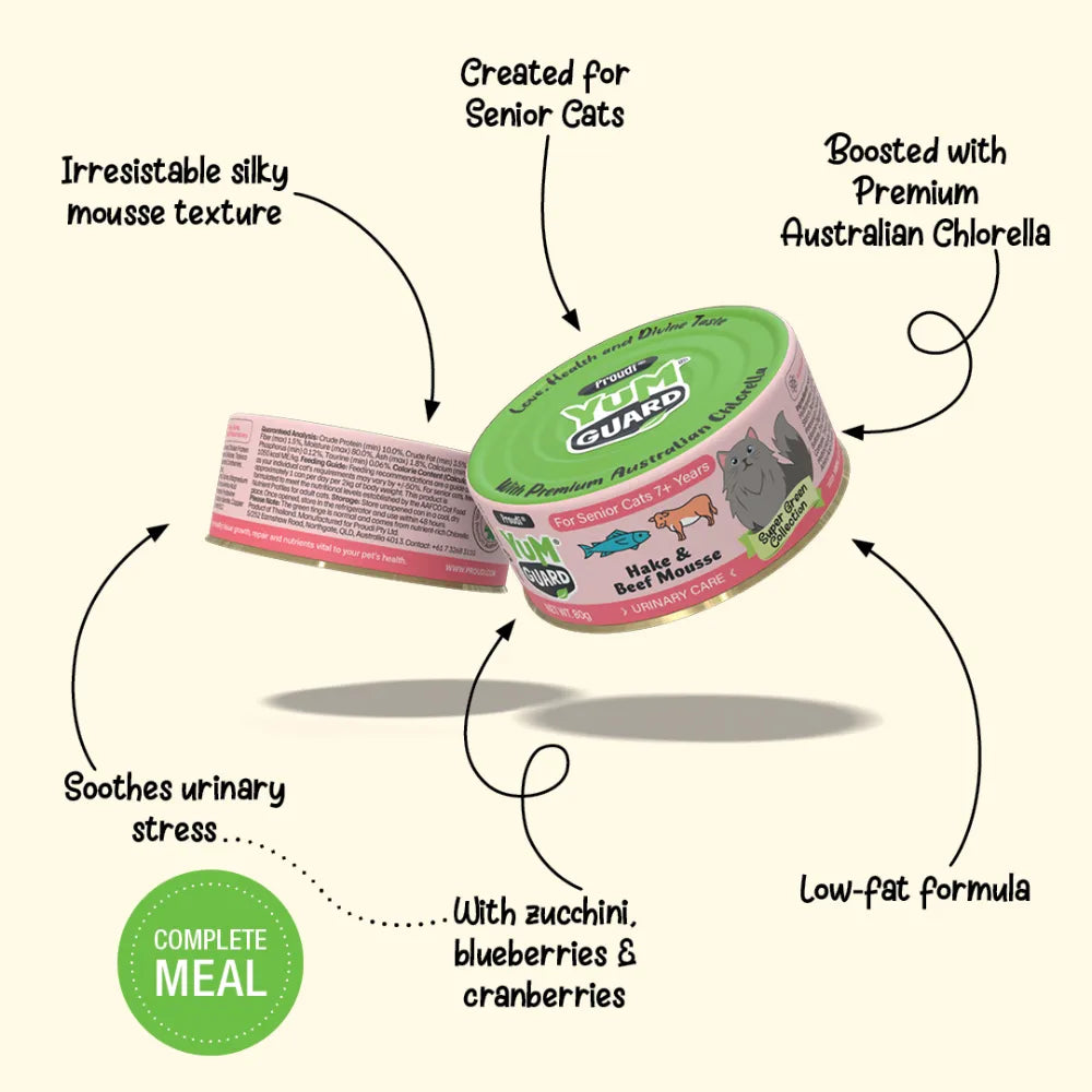 YUMGUARD Urinary Care Hake & Beef Senior 7+ Wet Cat Food features
