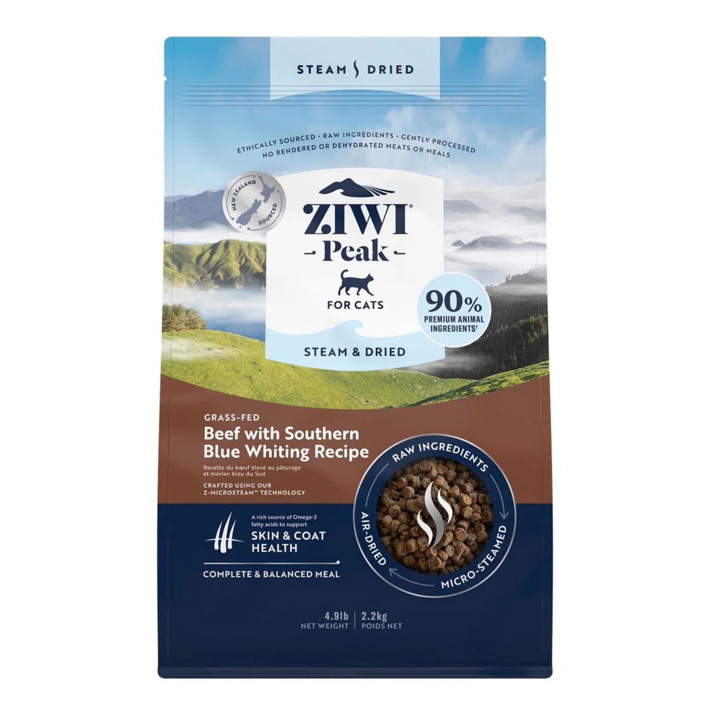 Ziwi Peak Steam and Dried Grass Fed Beef with Southern Blue Whiting Dry Cat Food front