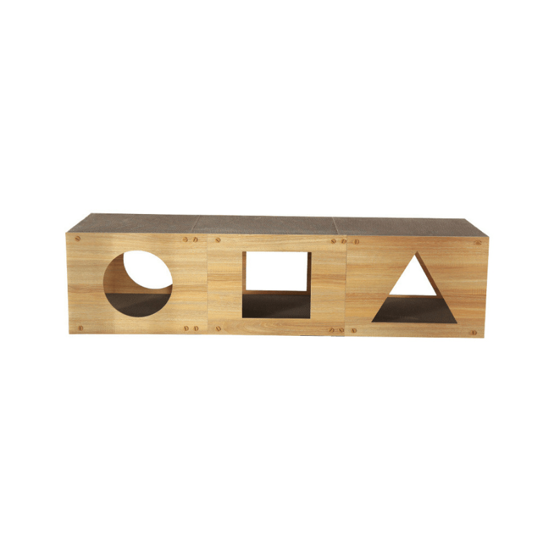 extra long tunnel cat scratcher made from corrugated cardboard with multiple openings