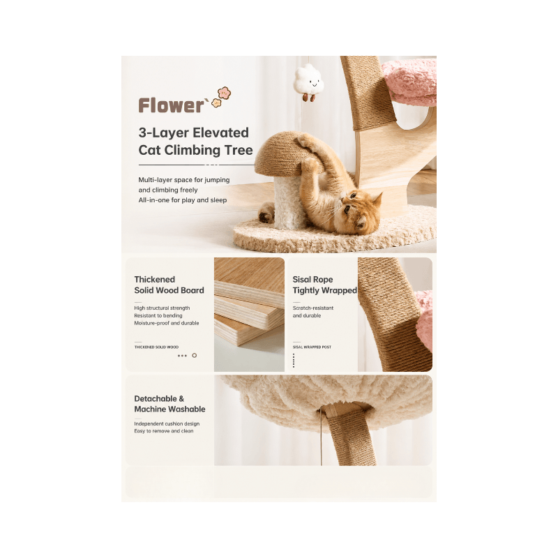 ADS Pet Flower Series 3-tier cat tree with solid wood board, sisal rope scratching posts and removable washable beds