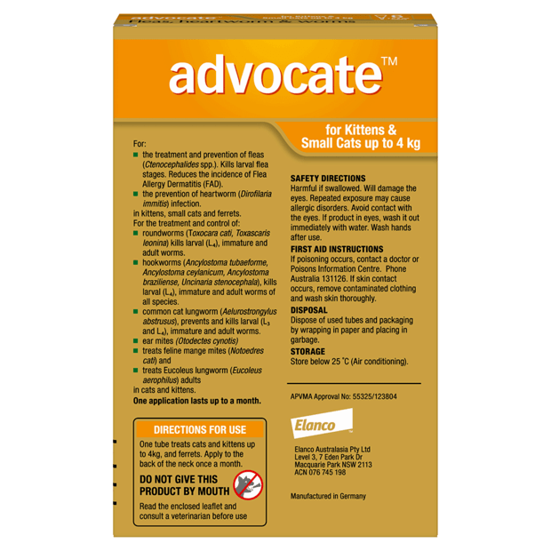 advocate flea and worm small orange under 4kg 6 pack