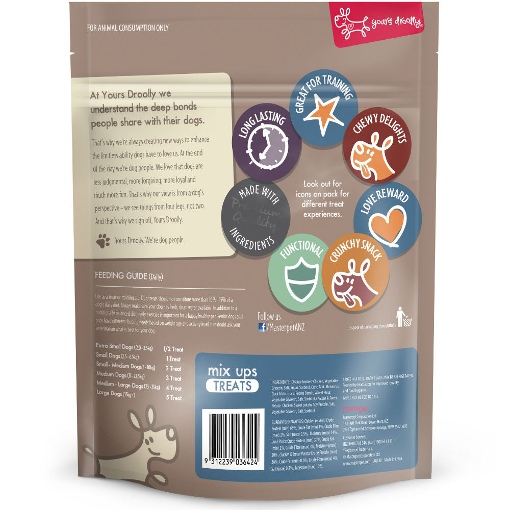 Yours Droolly Mix Ups dog treats 500 g pack, back with ingredients and feeding guide