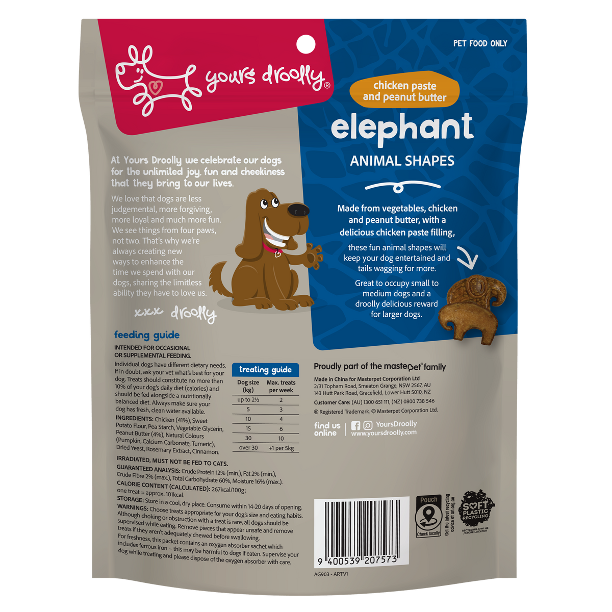 Yours Droolly Elephants Animal Shapes dog treats 6 pack, back of pack with ingredients and feeding guide