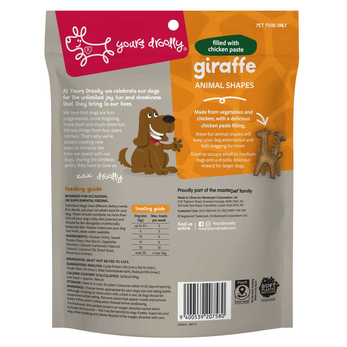 Yours Droolly Giraffes Animal Shapes dog treats 6 pack, back of pack with ingredients and feeding guide
