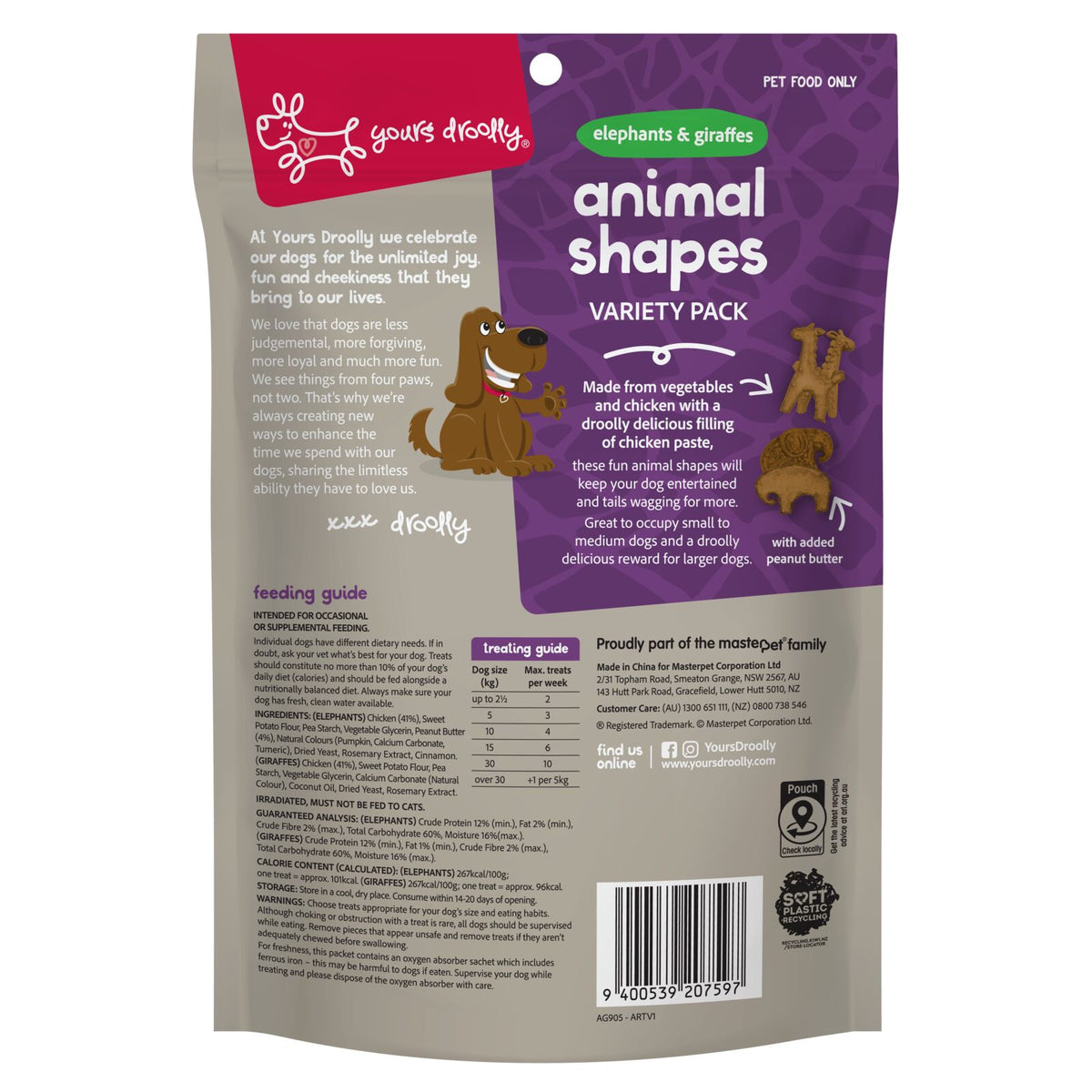 Yours Droolly Animal Shapes Variety 4 pack dog treats, back of pack with ingredients
