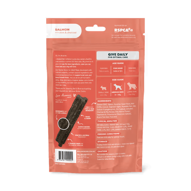 Bell & Bone Dental Stick Salmon, Mint, and Charcoal Dog Treat packaing label