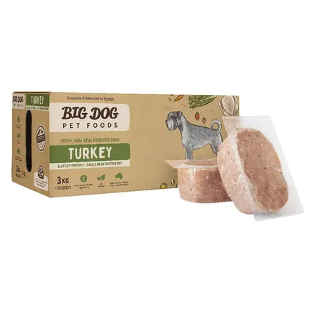 big dog single protein turkey raw dog food 3kg meat patty display