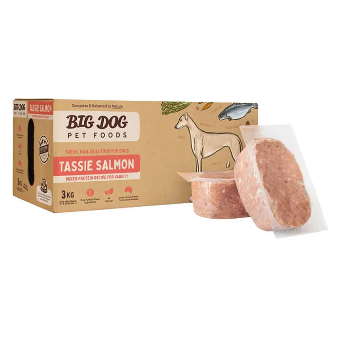 big dog tassie salmon raw dog food 3kg meat patty display