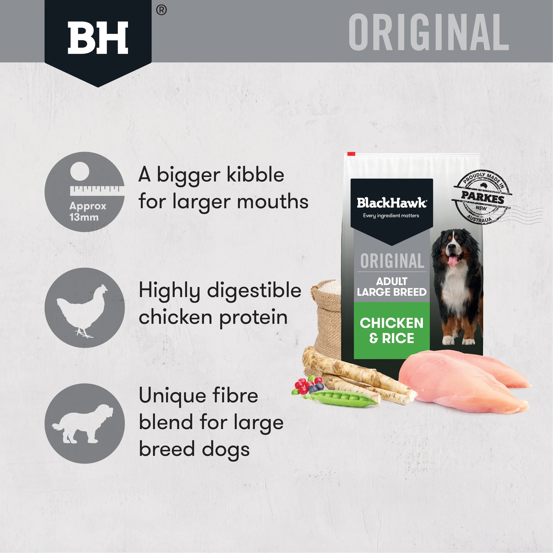 BLACK HAWK Original Large Breed Dry Dog Food Chicken & Rice 20KG features