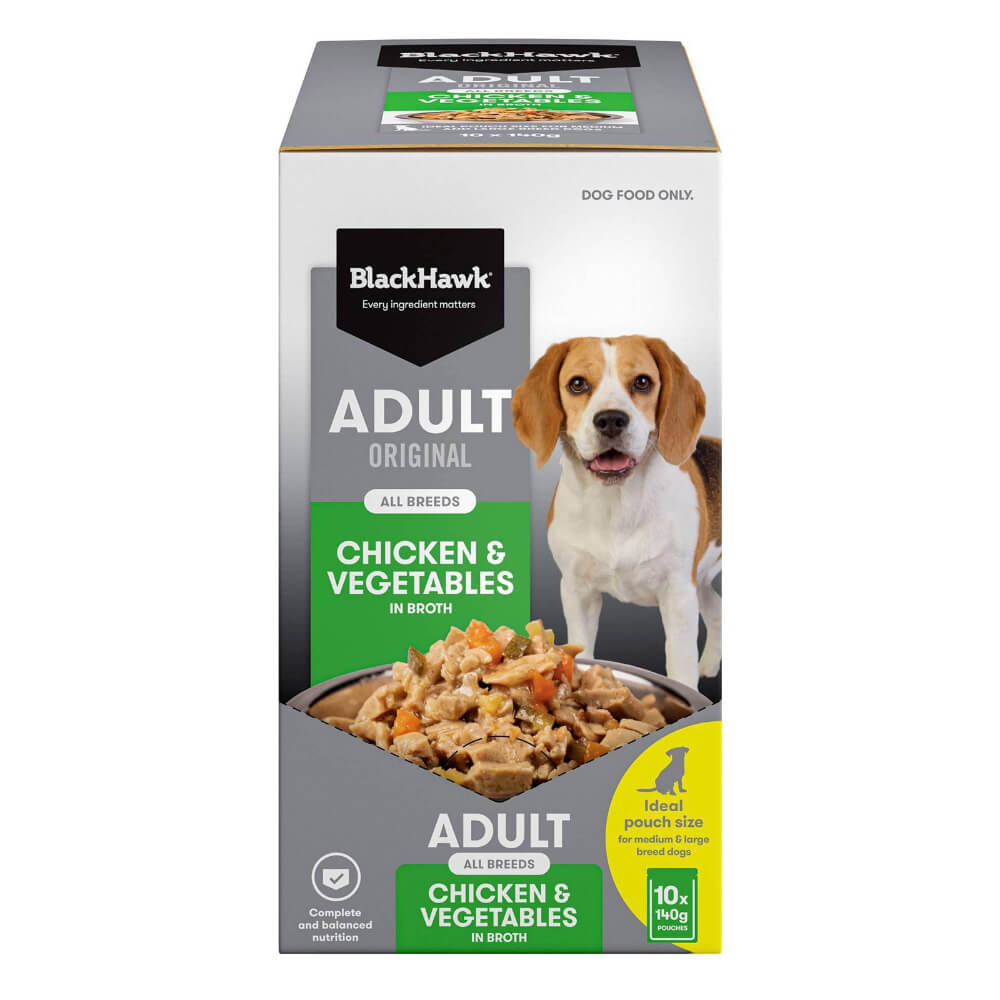Black Hawk Adult Chicken and Vegetables wet dog food 10 pack 140g pouches box packaging