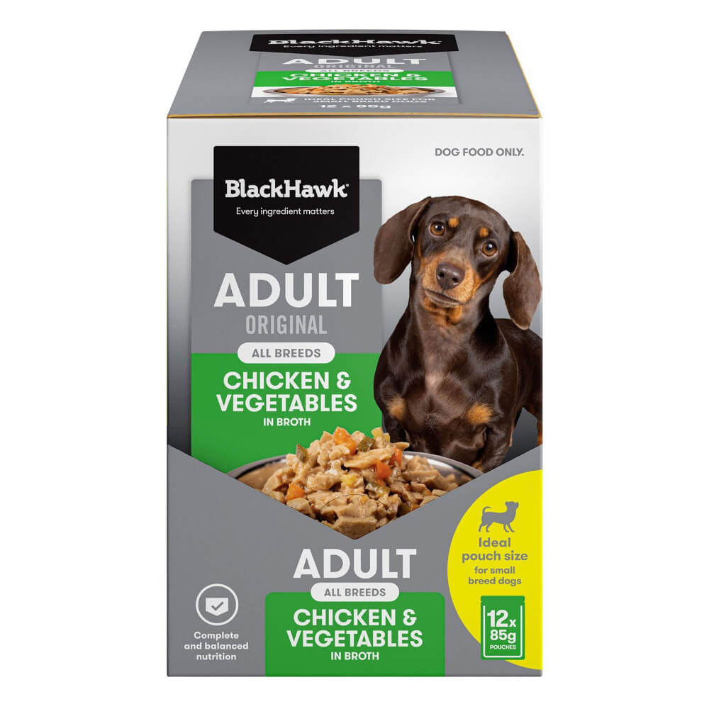 Black Hawk Adult Chicken and Vegetables wet dog food 12 pack 85g pouches box front packaging for small breed dogs