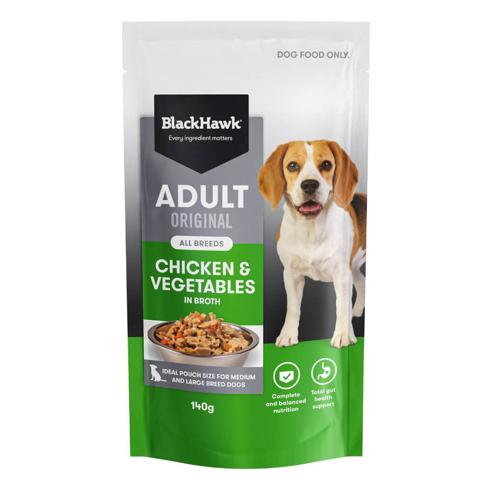 Black Hawk Adult Chicken and Vegetables wet dog food 140g pouch for medium and large breed dogs front packaging