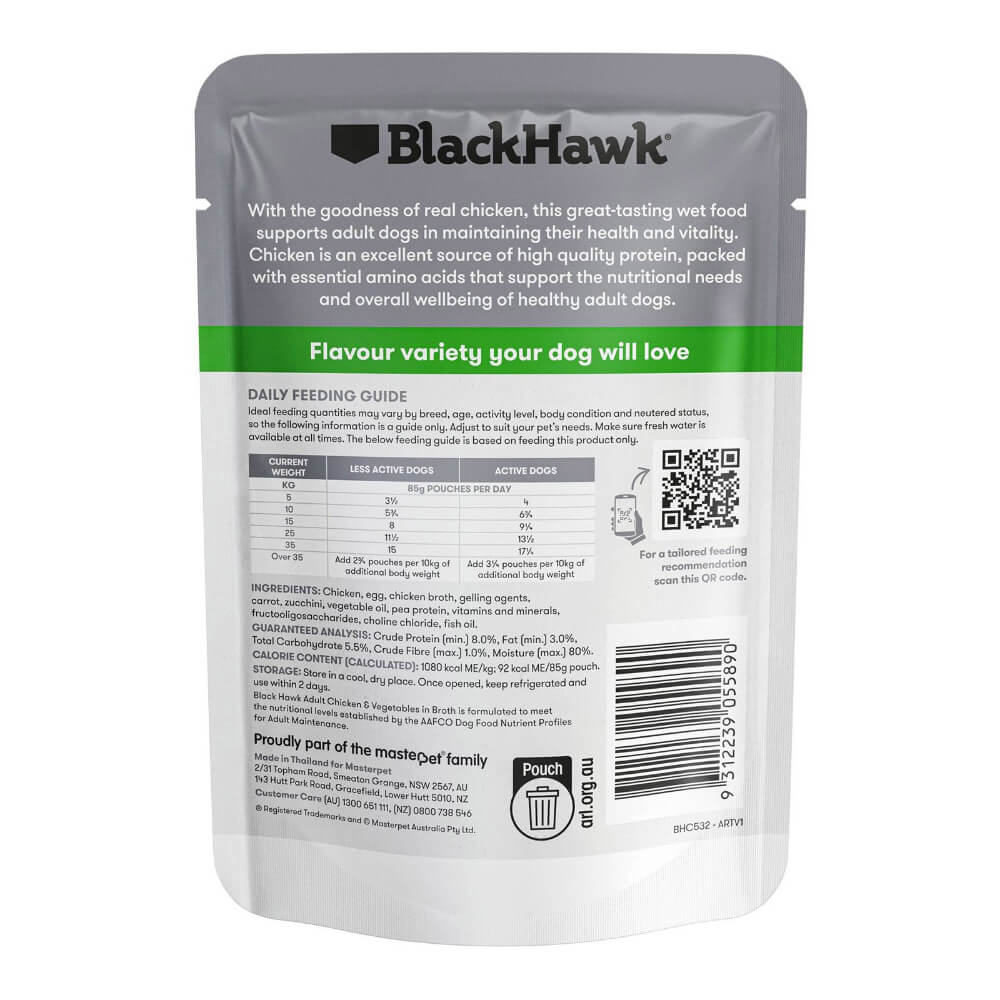 Black Hawk Chicken and Vegetables wet dog food pouch back packaging with feeding guide ingredients and nutrition information