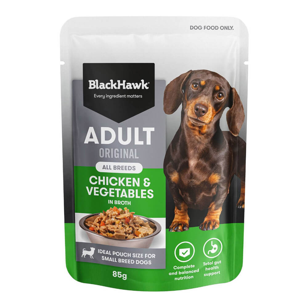 Black Hawk Adult Chicken and Vegetables wet dog food 85g pouch front packaging for small breed dogs