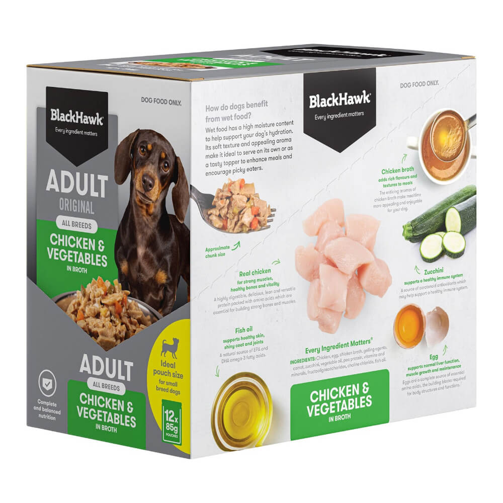 Black Hawk Chicken and Vegetables wet dog food 85gx12 box ingredients including real chicken zucchini egg and fish oil