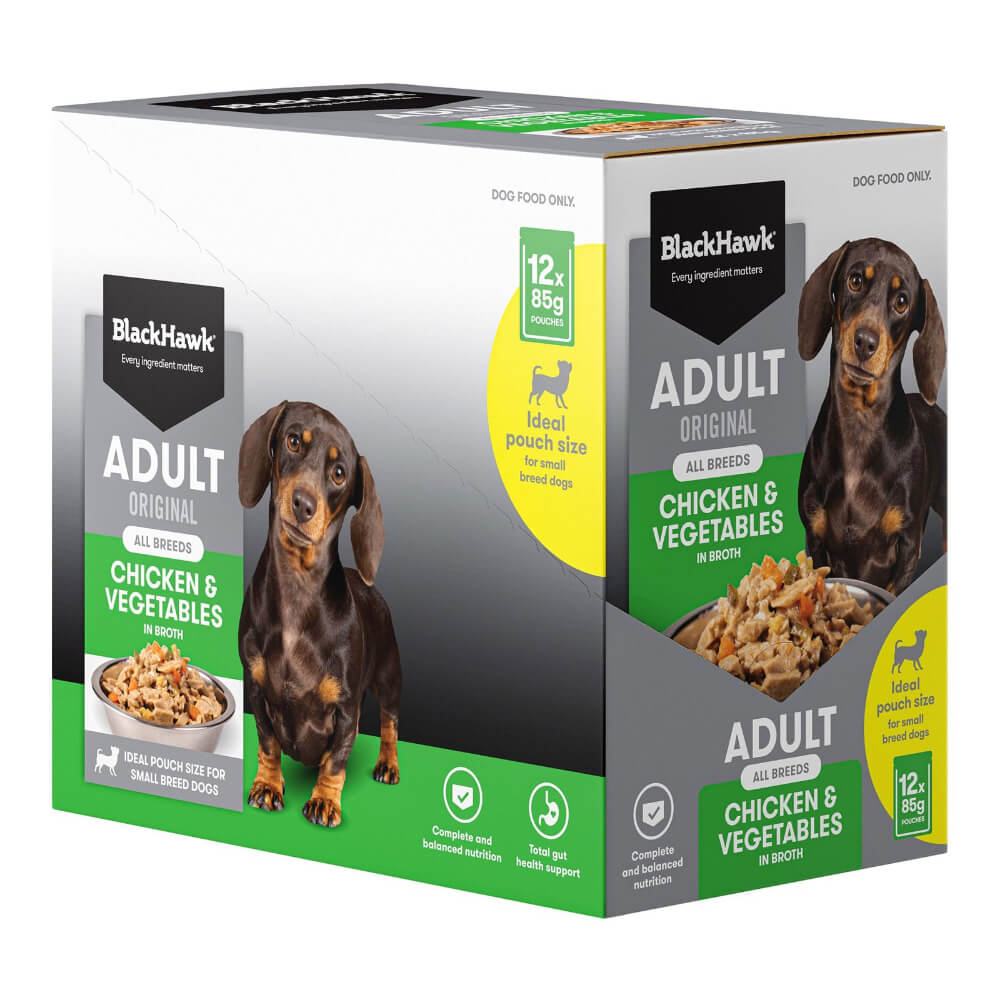 Black Hawk Chicken and Vegetables wet dog food multipack box showing complete and balanced nutrition