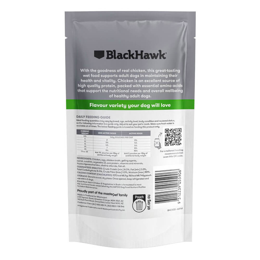 Black Hawk Chicken and Vegetables wet dog food pouch nutrition label feeding guide and storage instructions