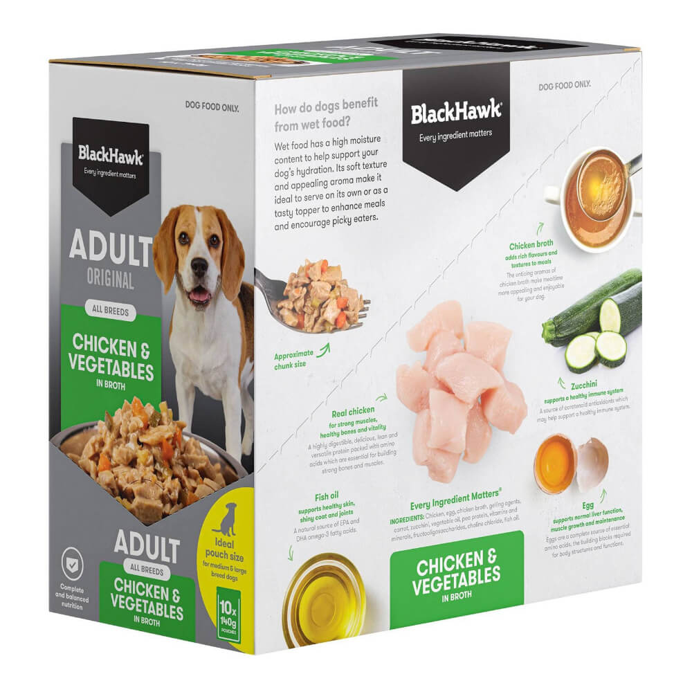 Black Hawk Chicken and Vegetables wet dog food packaging showing ingredient benefits and texture