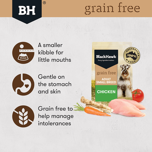 BLACK HAWK Grain Free Dry Dog Food Small Breeds Chicken 7KG features