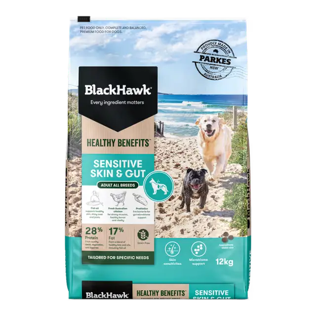 Black Hawk Healthy Benefits Sensitive Skin and Gut adult dog food 12kg bag