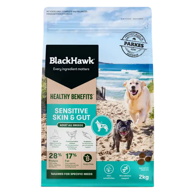 Black Hawk Healthy Benefits Sensitive Skin and Gut adult dog food 2kg bag