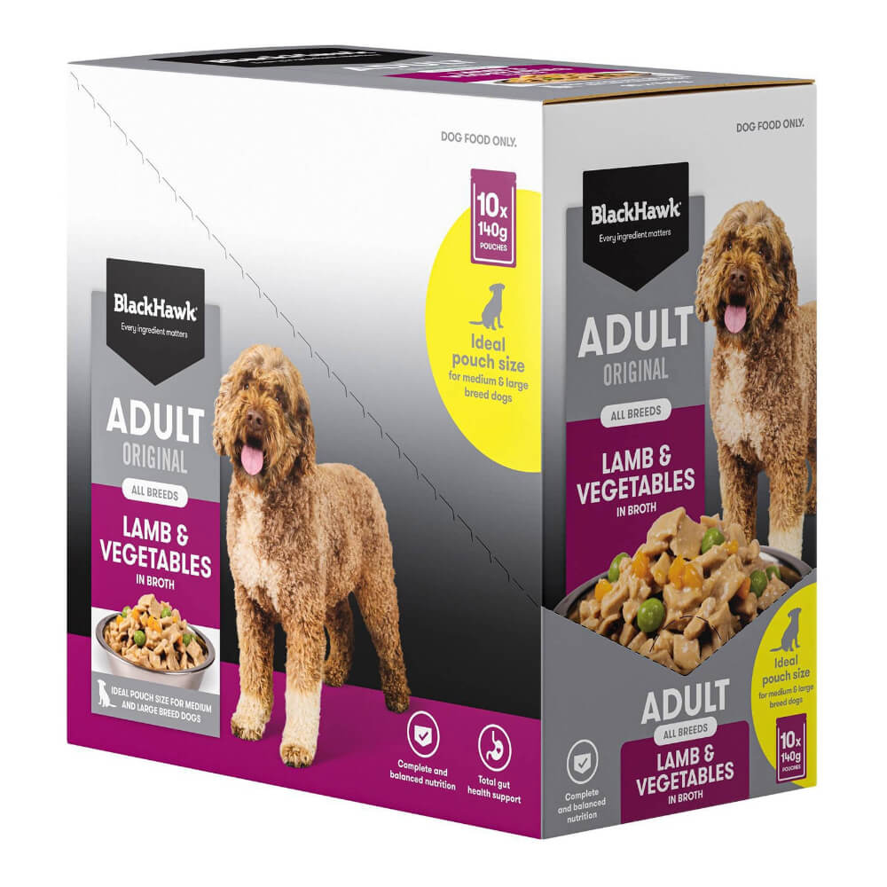 Black Hawk Adult Lamb and Vegetables wet dog food 140g pouch multipack box for medium and large breed dogs