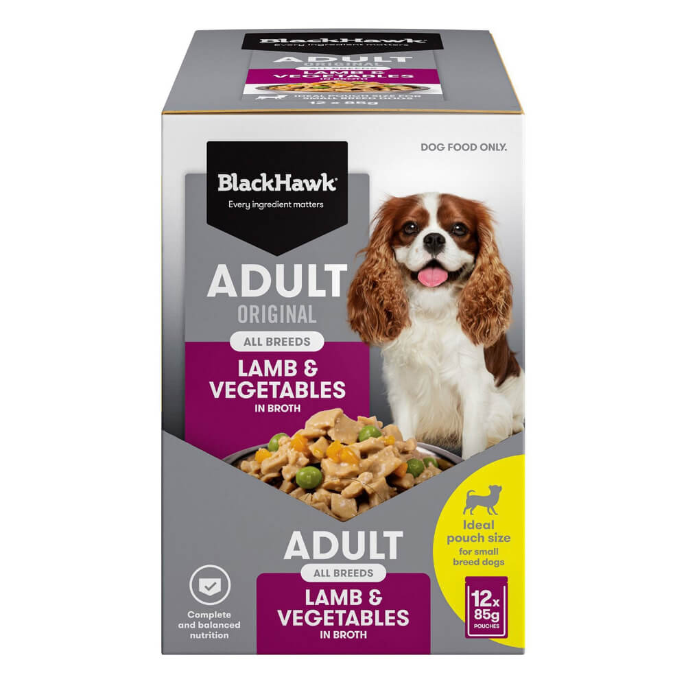Black Hawk Adult Lamb and Vegetables wet dog food 12 pack 85g pouches box front packaging
