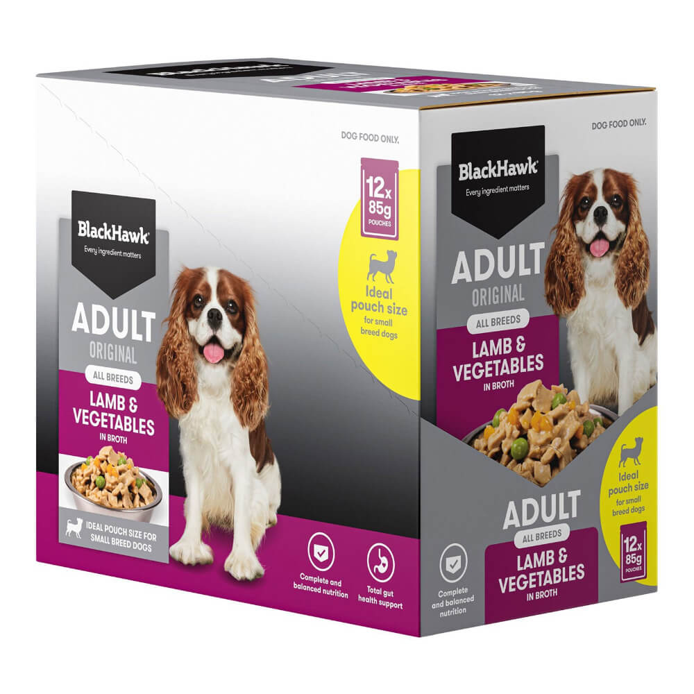 Black Hawk Adult Lamb and Vegetables wet dog food 85g pouch multipack box packaging
