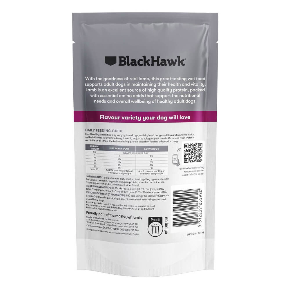 Black Hawk Adult Lamb and Vegetables wet dog food pouch 140g nutrition information and feeding guide