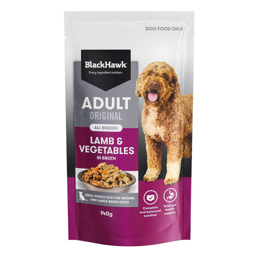 Black Hawk Adult Lamb and Vegetables wet dog food 140g pouch for medium and large breed dogs