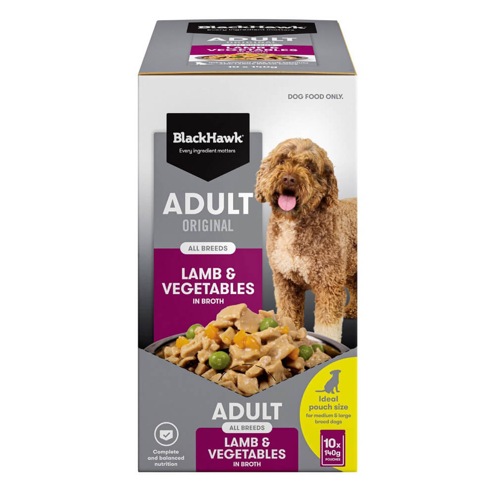 Black Hawk Adult Lamb and Vegetables wet dog food 140g pouch multipack packaging front