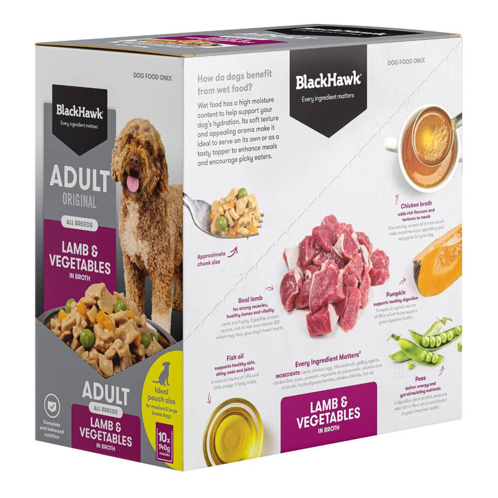 black hawk lamb and vegetables wet dog food 140gx10 box side view with ingredients features