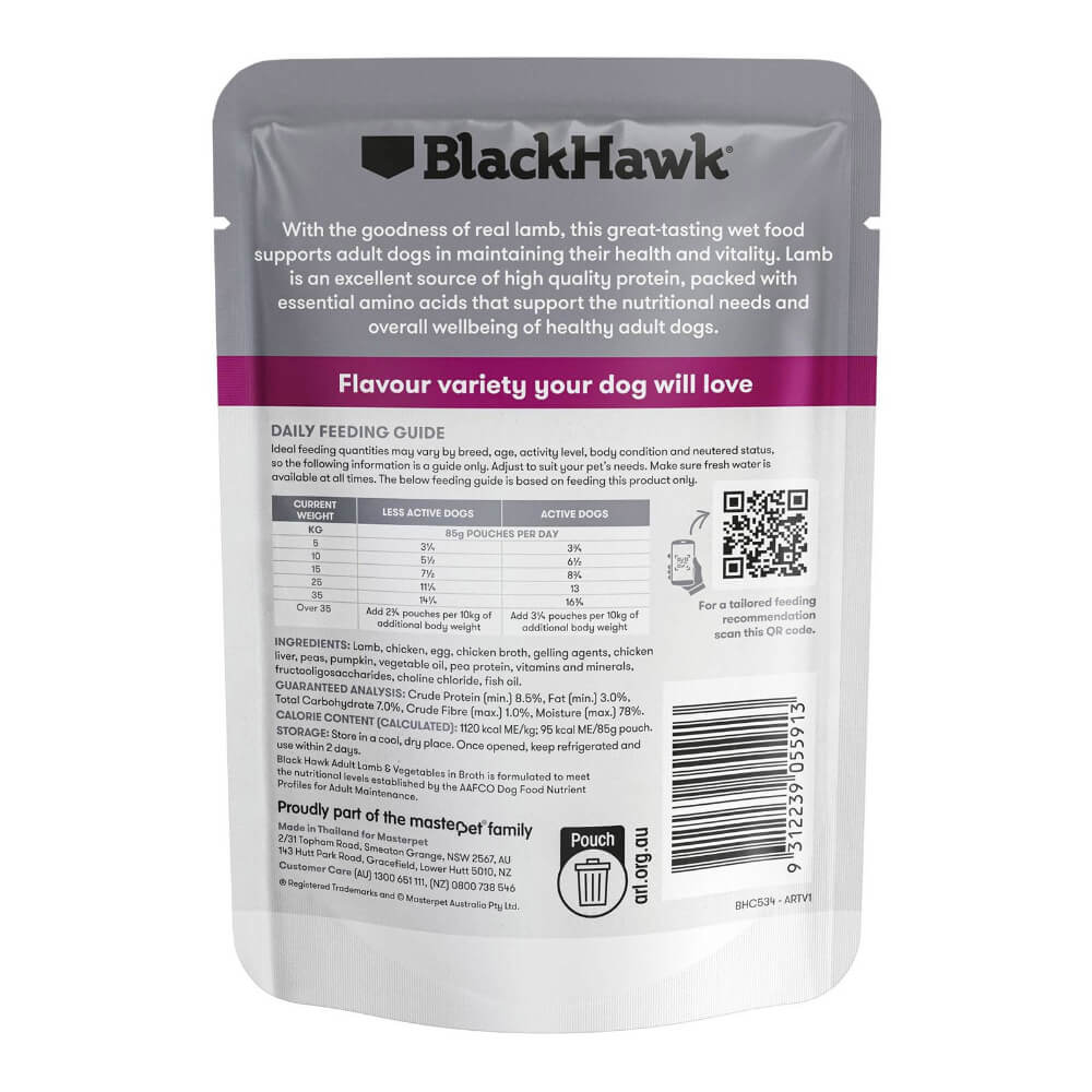 Black Hawk Adult Lamb and Vegetables wet dog food 85g pouch back packaging with feeding guide and ingredients